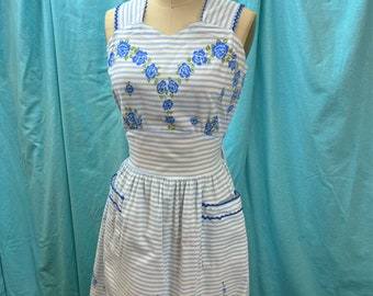 1940s/1950s W:30 blue white green stripe floral border print cotton sleeveless wide strap shelf bust tie back hip pocket A-line skirt dress