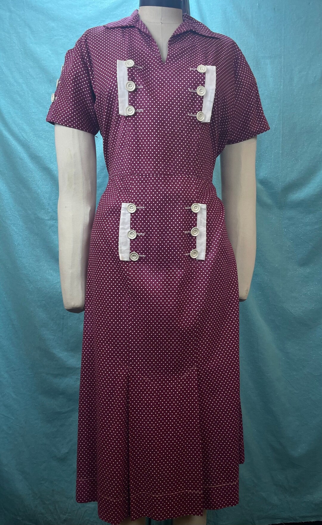 1930s W:34 Vintage 30s Maroon White Polka Dot Cotton House Dress ...