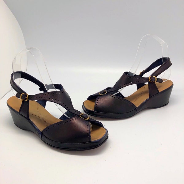 1940s 1950s SZ:6.5 navy blue leather T strap peep toe wedges