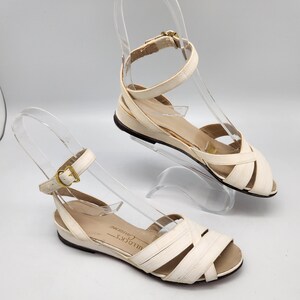 1940s 1950s Sz:5.5 White Cross Over Strappy Peep Toe Low Wedge Sandal Bullock’s