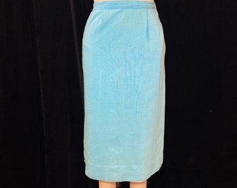 1950s/1960s W:27 FUN TIME aqua nubby rayon linen pleated waist pencil wiggle skirt