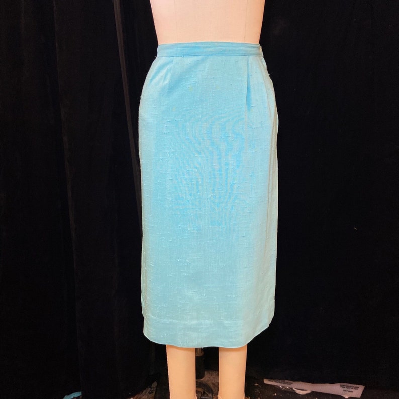 1950s/1960s W:27 FUN TIME aqua nubby rayon linen pleated waist pencil wiggle skirt image 1