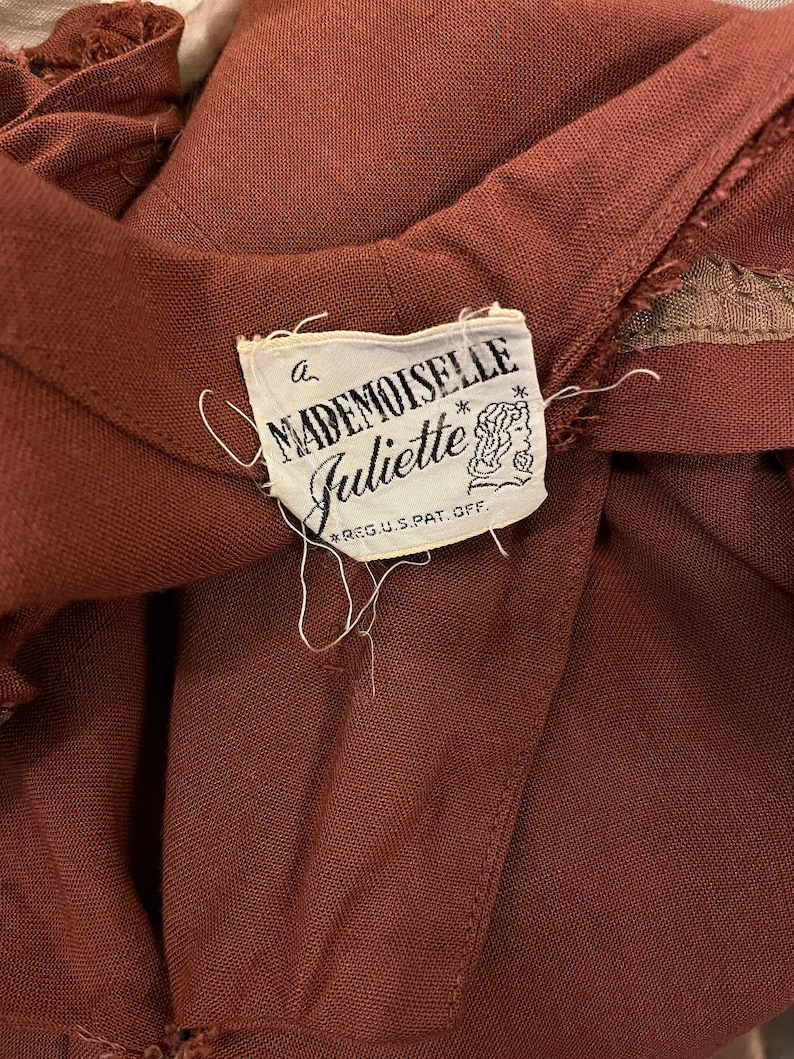1940’s/1950’s W:28 Mademoiselle Juliette Rayon linen collar pockets A-line skirt chocolate brown belt bild 3