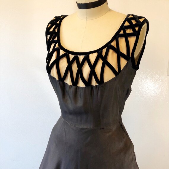 1950s W:26 LBD black silk nude illusion velvet lat