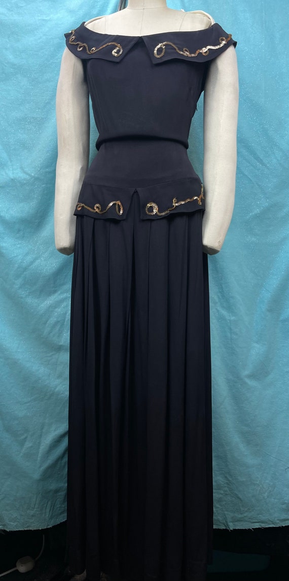 1940s W:26 LBD black rayon crepe blue green sequi… - image 1