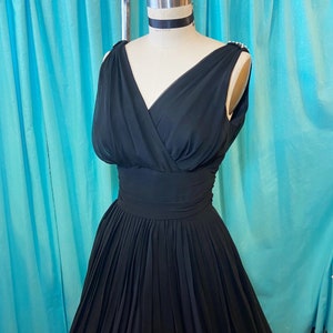 1950s/1960s W:25 SABA JRS. LBD black chiffon sleeveless pearl rhinestone shoulder plunging neckline low back fit and flare party dress