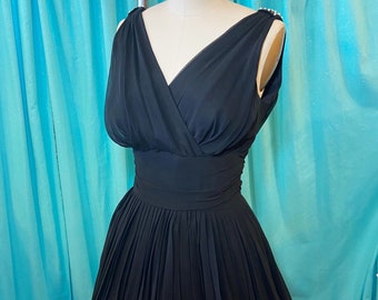 1950s/1960s W:25 SABA JRS. LBD black chiffon sleeveless pearl rhinestone shoulder plunging neckline low back fit and flare party dress