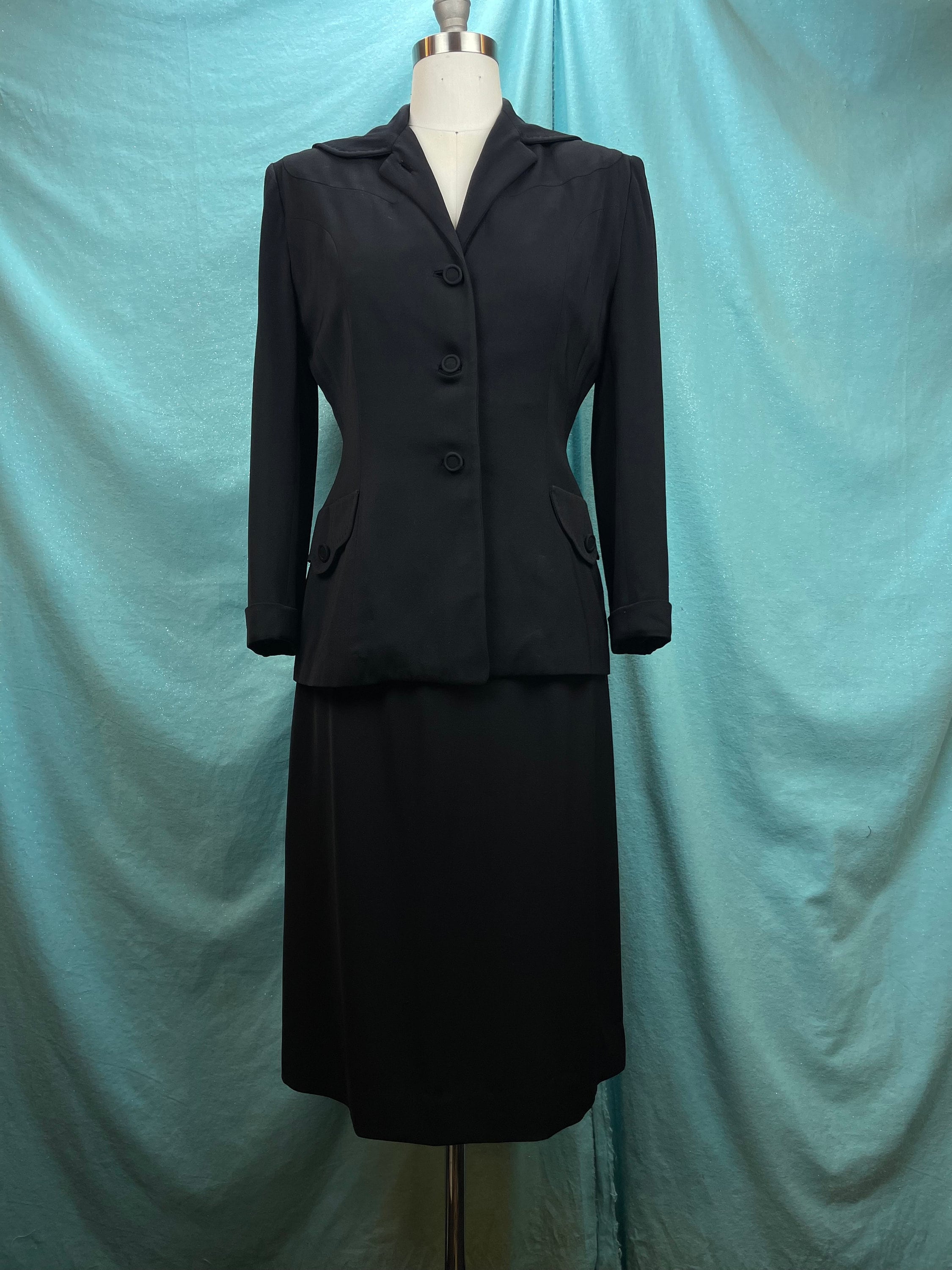 Real Vintage Search Engine 1940S W26 Forestman Black Virgin Wool Gabardine Vintage Tailored Jacket Pencil Skirt Suit Set Deco Scalloped Pockets $228.00 AT vintagedancer.com