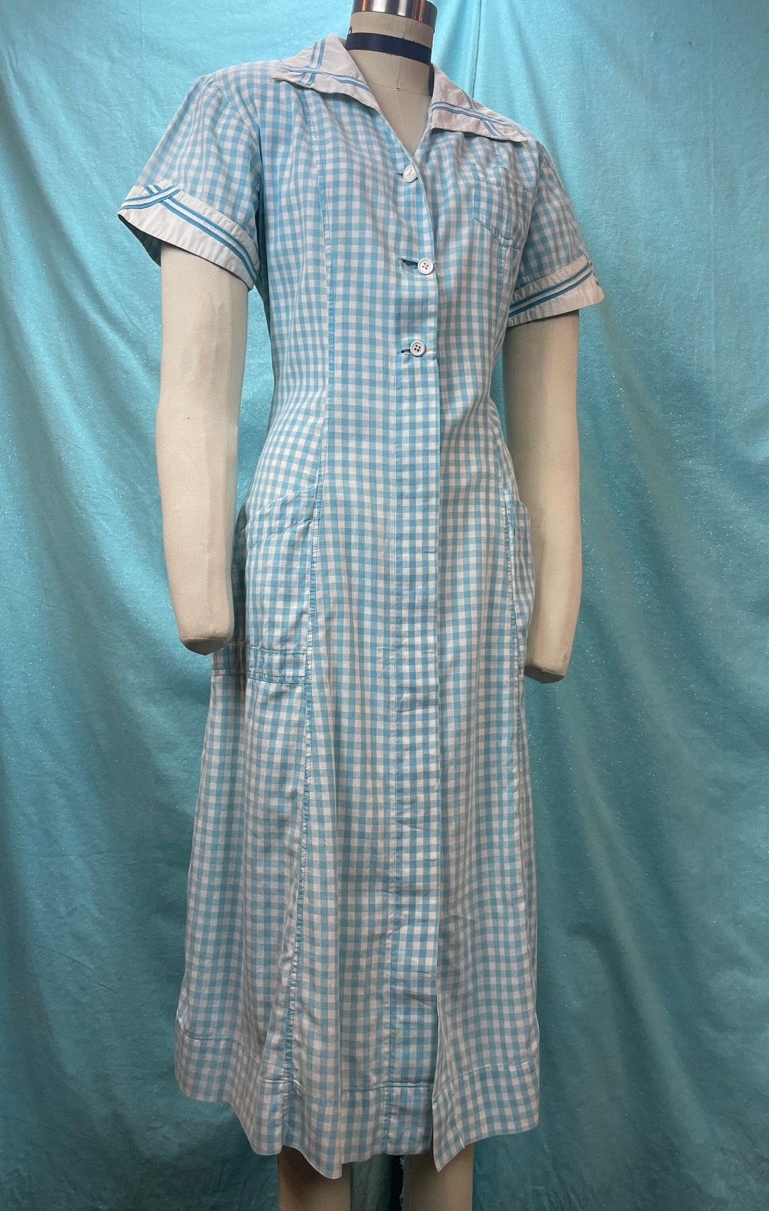 1940s W35 Angelica Vintage Uniform Dress Pockets Gingham Plaid Blue