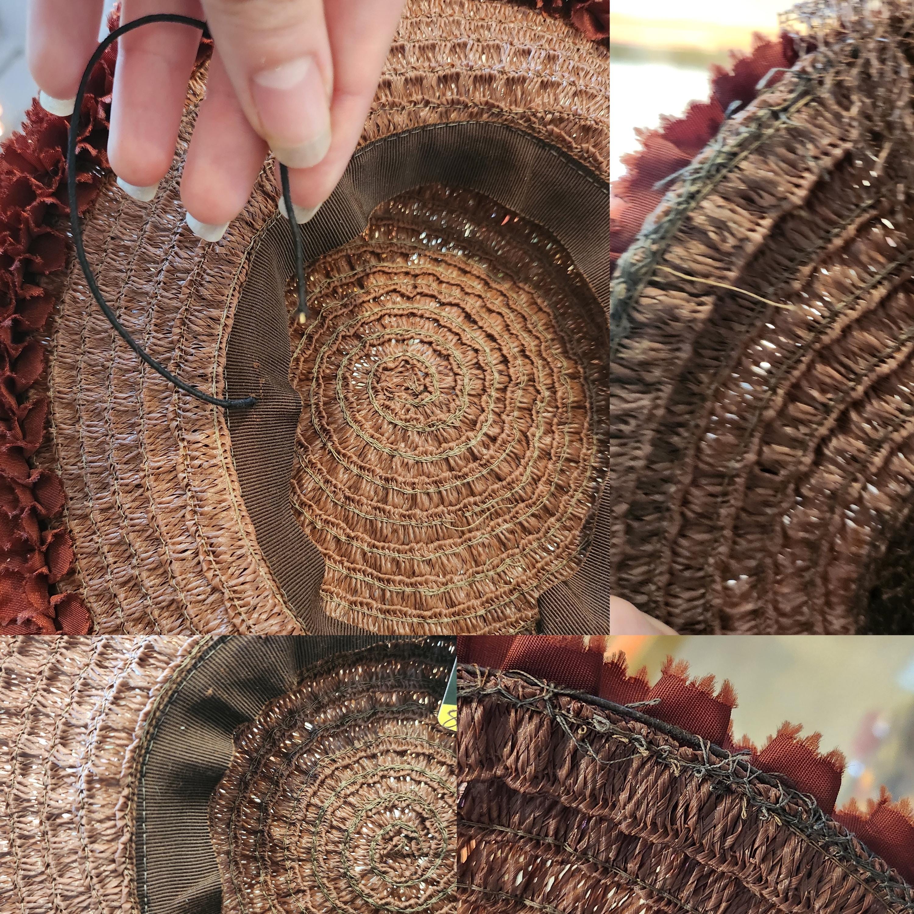Vintage Straw Tilt Hat Brown Raffia Velvet Trim 1940s Vintage Black Velvet Hat 40s 50s Straw Raffia Tilt Wide Brim  main image 3