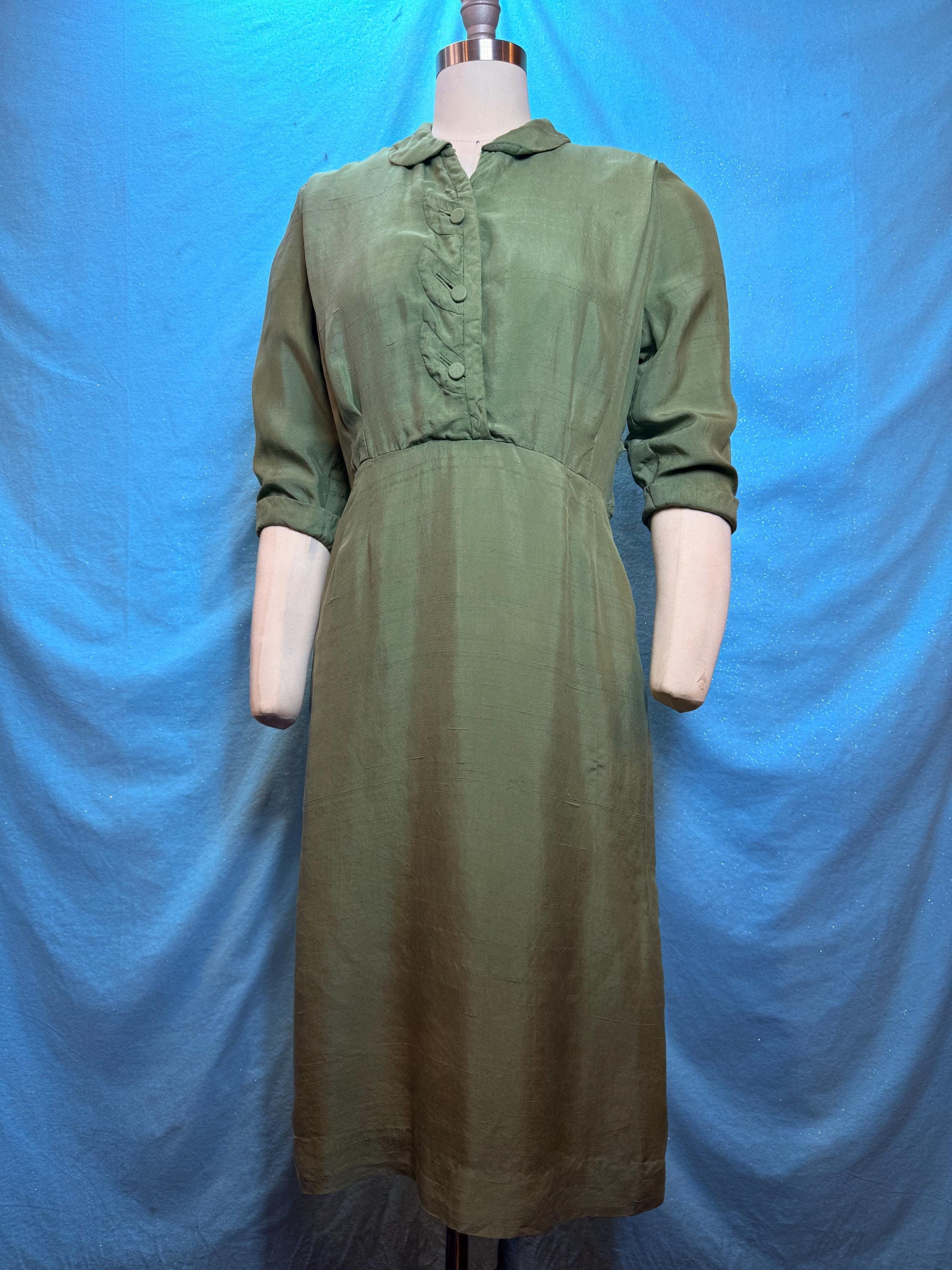 1950s W:30” Vintage Silk 50s Dress Paula Dean Sage Green Whimsical