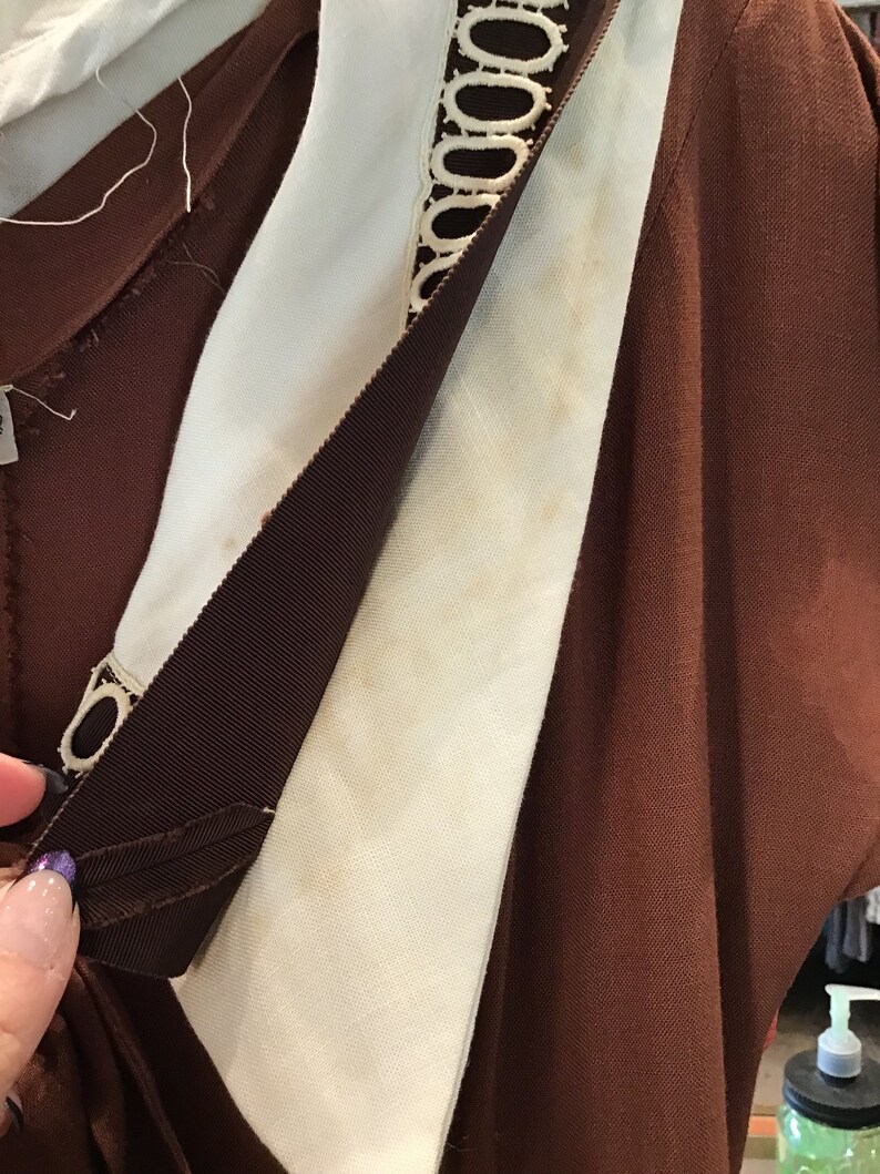 1940’s/1950’s W:28 Mademoiselle Juliette Rayon linen collar pockets A-line skirt chocolate brown belt bild 7