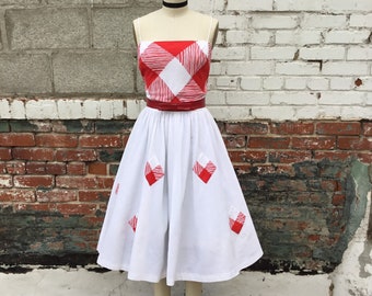 1950s W:28 red and white checker board cotton day dress