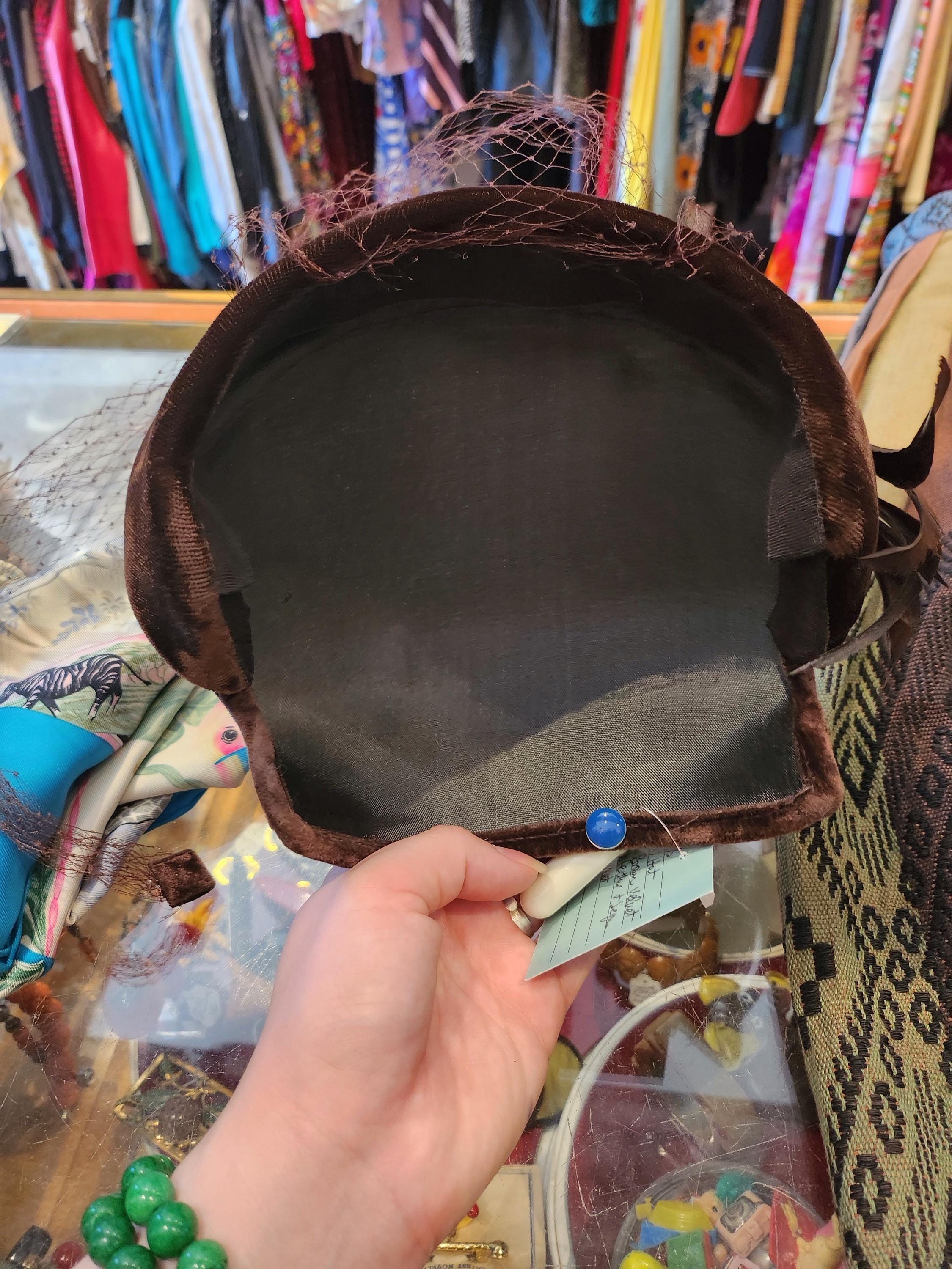 1950s Brown Velvet Capulet Style Hat W/ Brown Feather Accent 
