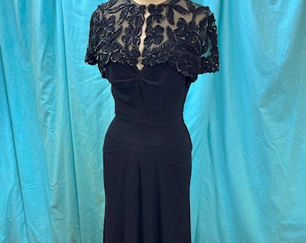 1940s W:26 LBD black rayon crepe floral sequin cut out illusion neckline short sleeve faux bolero plunging neck formal evening dress