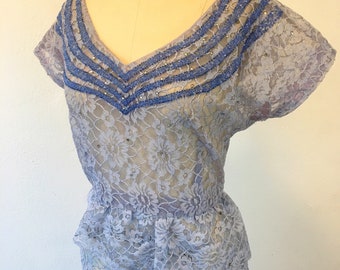 1940s/1950s W:30 baby blue sheer lace beaded rhinestone neckline asymmetric peplum evening gown