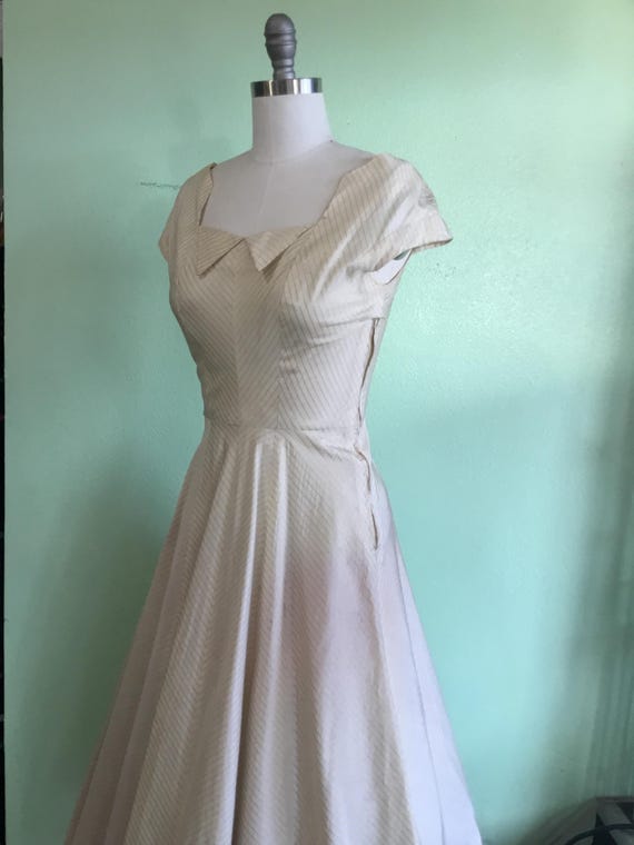 1940s 1950s W:26" gold lurex stripe silk cap taffeta sleeve square neckline fit and flare cocktail dress