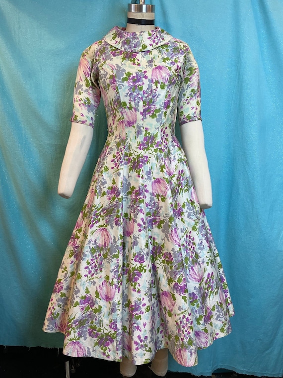 Danne Dolman Sleeve Two-Pocket Flared Dress ワンピース 1950s W:26 Beautifully Constructed Impressionist Floral Fit