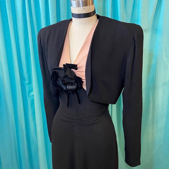 1930s/1940s W:25 2PC LBD black pink rayon crepe co