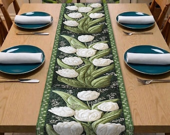 Tafelloper lente tulp, tafelkleed met groene bloemen, decor boerderij eetkamer, tafeldecoratie bloemen, decor witte tulp tafelloper