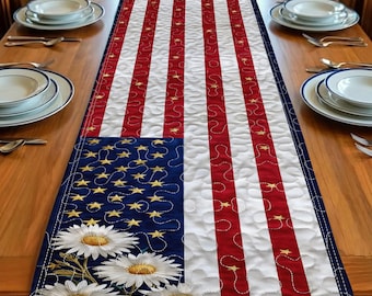 Patriottische tafelloper, Amerikaanse vlag tafeldecor, rood wit blauwe tafelloper voor eettafel, Memorial Day patriottische tafeldecoratie