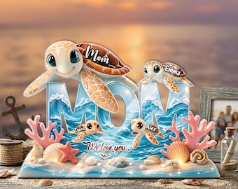 Gepersonaliseerde zeeschildpad moeder cadeau acrylblok, decor oceaanthema, kusthuis cadeau voor moeder, aandenken schildpad familie, Moederdagcadeau