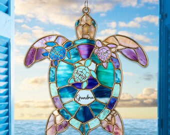 Spersonalizowany łapacz słońca z żółwiem morskim, prezent na Dzień Matki dla babci i mamy z imieniem dziecka, nazwiskiem rodziny, zawieszka na okno, prezent dla miłośników plażowania z żółwiem