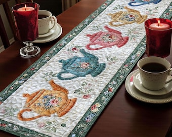 Bloemen theepot gewatteerde tafelloper, cottage keukendecor, Tea Party tafelloper, vintage stijl eetkamerloper, cadeau voor moeder, theepot drinken