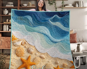 Koc z falami plażowymi na zamówienie, koc z falami oceanicznymi, koc z muszlą rozgwiazdą, prezent z motywem nadmorskim, koc na wakacje letnie, prezent na plażę