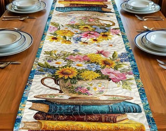 Bloemen theekopje boekenstapel tafelloper, decor cottage keuken, vintage bibliotheekloper, theekransje eetkamer decor cadeau, boek bloemen thee drinken