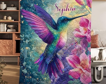 Spersonalizowany koc z motywem kolibra, kolorowa narzuta z motywem ptaków, prezent dla niej do ogrodu z ptakami, przytulny koc inspirowany naturą, botaniczny ptak