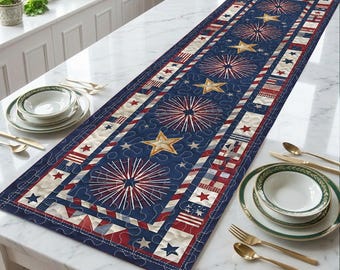 Bieżnik na stół z okazji 4 lipca, dekoracja stołu z fajerwerkami w kolorze czerwono-biało-niebieskim, bieżnik na stół z motywem patriotycznym USA, bieżnik na stół z motywem patriotycznych fajerwerków