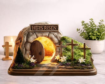 Wielkanocna tabliczka akrylowa z napisem „On zmartwychwstał”, ekspozycja stołowa ze sceną zmartwychwstania Jezusa, chrześcijański znak wielkanocny, religijny prezent wielkanocny