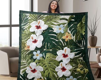 Hibiscusbloem quiltdeken, tropische bladeren gooien, botanische quilt beddengoed, zomerdecor, natuurliefhebber cadeau, tropische hibiscusdeken