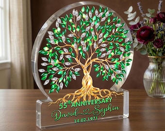 Gepersonaliseerde Emerald 55e verjaardag acrylblok, levensboom aandenken, aangepaste trouwdatum cadeau voor koppels, 55e bruiloft decor