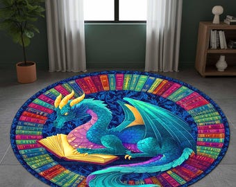 Okrągła mata z motywem fantasy dragon, dywanik do czytania książek, kolorowy dywanik dekoracyjny do biblioteki, prezent dla miłośnika książek, okrągły dywanik do pokoju dziecięcego, dekoracja z motywem dragon book