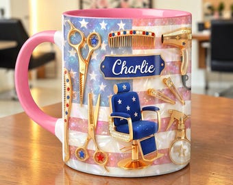 Spersonalizowany kubek z flagą fryzjerską, spersonalizowany prezent dla fryzjera, kubek do kawy dla fryzjera, projekt narzędzi fryzjerskich, prezent dla fryzjera, prezent z flagą fryzjera