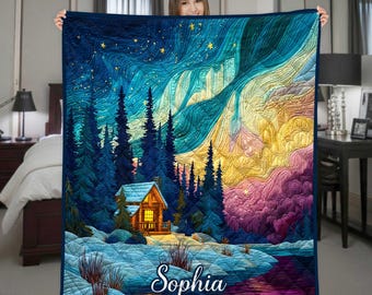Custom Aurora Borealis Blanket, Starry Night Cabin Throw, North Light Sky Quilt Blanket, Cozy Winter Landscape Gift, Nature Lover Gift