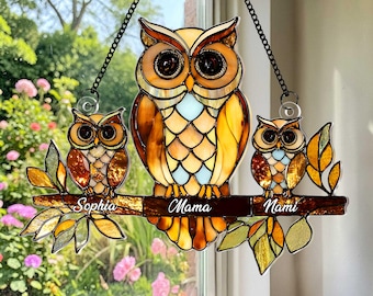 Gepersonaliseerde uil familie raam hangend, aangepaste uil moeder tuin acryl Suncatcher cadeau, cadeau moeder oma, schattig uil decor, natuur thuisaccent