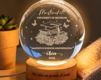 Spersonalizowana kryształowa kula świetlna LED z okazji ukończenia studiów, prezent na studia z imieniem, lampka nocna z okazji ukończenia studiów MBA, pamiątka z ukończenia studiów w 2026 roku