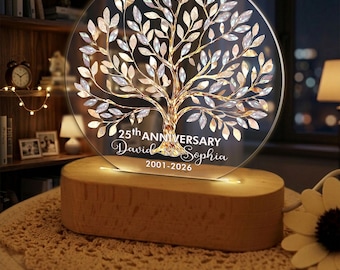 Lampa LED na 25. rocznicę ślubu, prezent dla pary młodej, akrylowa lampa w kształcie drzewa życia, dekoracja na pamiątkę ślubu, dekoracja na 25. rocznicę ślubu, pamiątka na 25. rocznicę ślubu