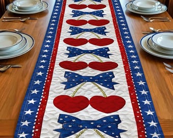 Kersentafelloper patriottische stijl, keukendecor VS vlag, rood wit blauwe loper, tafeldecor Independence Day, tafelaccent zomer