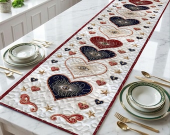 Ogen hart tafelloper, liefdesthema tafeldecor, boho chic tafelloper, romantische eettafel linnen decor, bruiloft tafeldecor