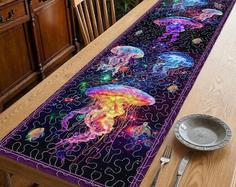 Kleurrijke kwallen tafelloper, decor oceaan dineren, tafelloper zeeleven, tafeldecor kust, decor strandhuis, decor kwallen oceaan