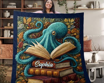 Niestandardowy koc z motywem ośmiornicy, prezent dla miłośnika czytania, wyjątkowy koc z motywem biblioteki oceanicznej, przytulny prezent dla mola książkowego, dekoracja z motywem ośmiornicy