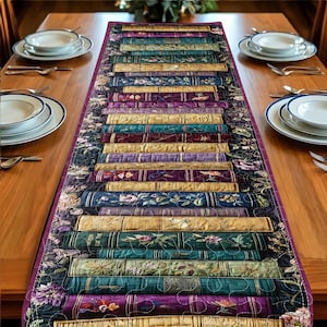 Camino de mesa con diseño floral de pilas de libros, decoración acolchada para biblioteca, regalo para amantes de los libros, decoración vintage para mesa de lectura, camino de mesa único para comedor, libro morado