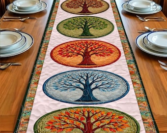 Levensboom tafelloper vier seizoenen, rustieke boerderij tafeldecor, spirituele boomloper eettafel, levensboom tafeldecor