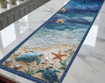 Tafelloper kustschildpad, tafeldecor strandhuis, oceaanthema loper, nautisch keukendecor, tafelaccent zeeleven, decor oceaanschildpad, decor oceaanschildpad