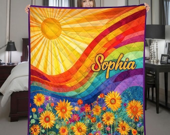 Spersonalizowany koc z tęczowym słonecznikiem, jasna, kwiatowa narzuta, prezent dla niej, radosny, przytulny koc do dekoracji domu, dekoracja domu z motywem zachodzącego słońca