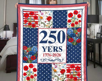 Patriotyczny koc z okazji 250-lecia USA, narzuta z motywem flagi amerykańskiej, prezent na obchody 1776-2026, dekoracja na 4 lipca, pomysł na prezent z USA, prezent z kwiatowym makiem